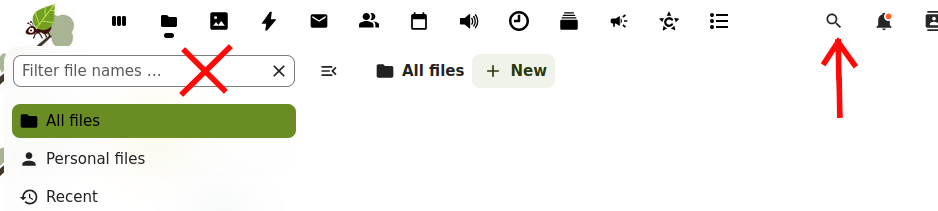 Interface Nextcloud avec indication où trouver la recherche unifiée