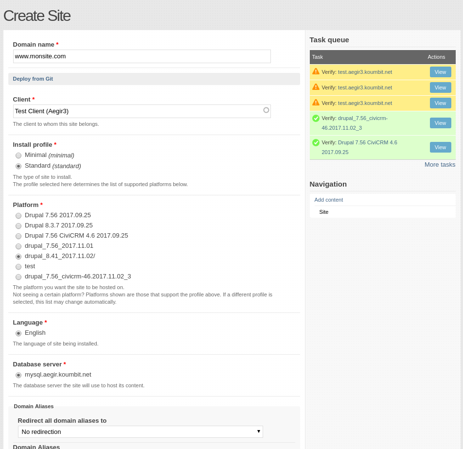 Example site creation form in Aegir dashboard