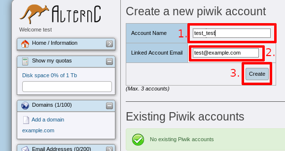 Steps for creating a Matomo (Piwik) user from AlternC